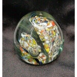 VTG Confetti Art Glass Paperweight 1.5" x 1.5" Multicolor Bubble Collectible